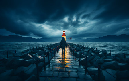 Lighthouse on the pier at night. Dramatic sky and sea.の素材