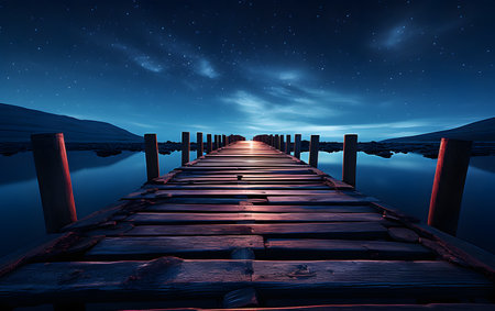 Wooden pier at night with starry sky, 3d renderの素材