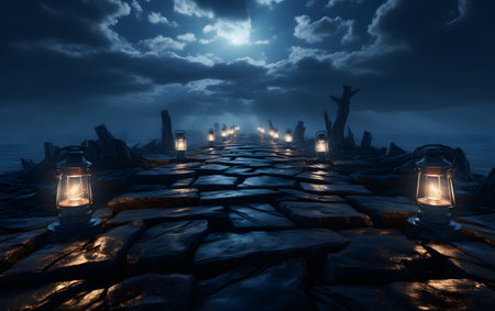 Fantasy landscape with a path leading to the ocean. 3D renderingの素材