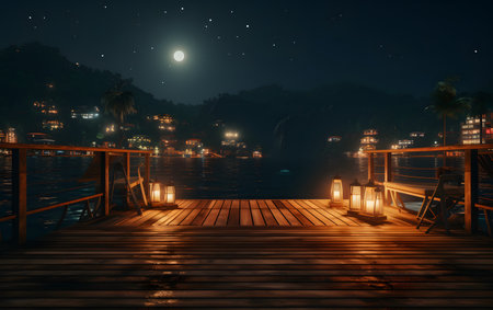 Wooden pier on the river at night with full moon in the backgroundの素材