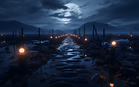 Fantasy landscape with a pier at night. 3D rendering.の素材