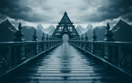 Wooden bridge over the river in black and white. 3d renderingの素材
