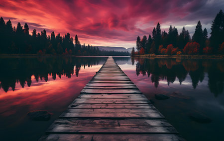 Wooden jetty on the lake at sunset. Beautiful autumn landscape.の素材