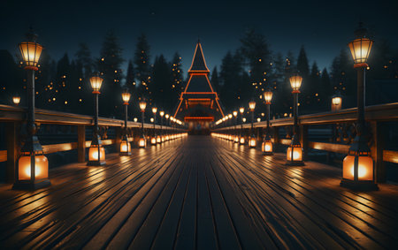 Wooden bridge in the forest at night. 3d rendering.の素材