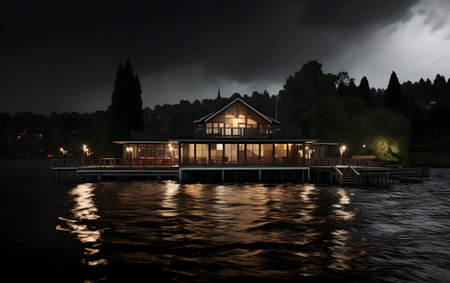 Night view of a lake with wooden house on the pier. Long exposure.の素材