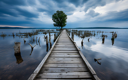 Wooden jetty on a lake in the evening with a treeの素材