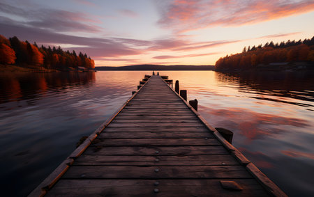 Wooden pier on a lake at sunset. Autumn landscape in Finland.の素材