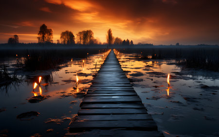 Wooden bridge over the frozen lake at sunset, Poland, Europeの素材