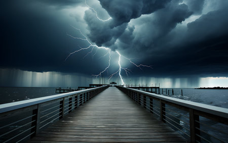 Dramatic stormy sky with lightning over a wooden pier.の素材