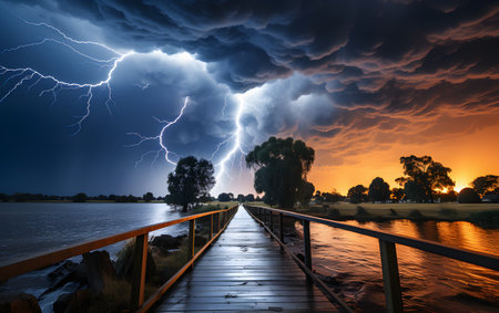 Stormy skies over the lake with lightning in the background, Polandの素材