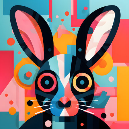 Vector illustration of a rabbit on a colorful background with spots and dotsの素材