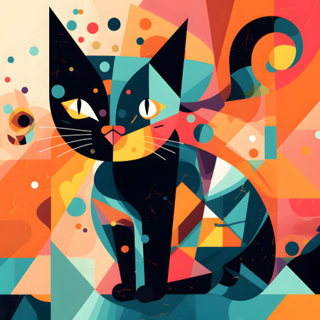 Colorful abstract background with cat and geometric shapes. Vector illustration.の素材