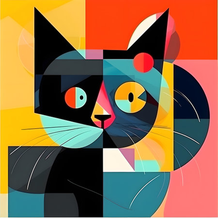 Vector illustration of a black cat on a colorful background with geometric elementsの素材