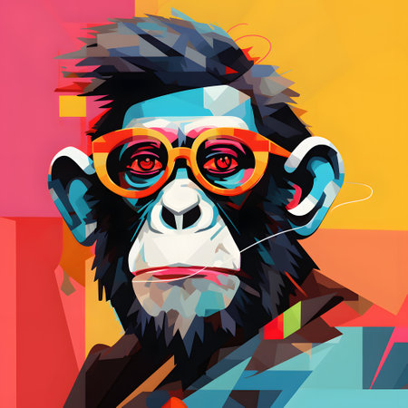 Vector illustration of a monkey with glasses and headphones on colorful background.の素材