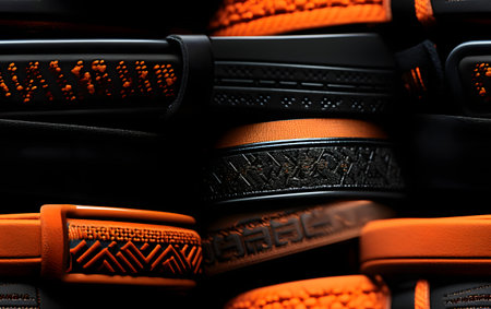 Close up of orange leather belt. Shallow depth of field.の素材