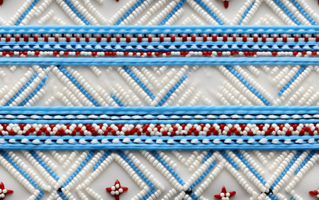 Close up of a pattern of white, blue and red ropes.の素材