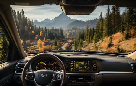 View from the inside of a car on a mountain road in autumn.の素材