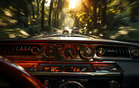 car on the road with motion blur background. vintage car on the roadの素材