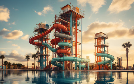 Waterpark, aquapark and blue sky. 3d renderingの素材