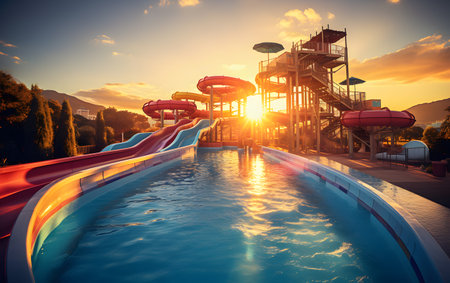 Water Park at sunset. Swimming pool with slides and water attractionsの素材