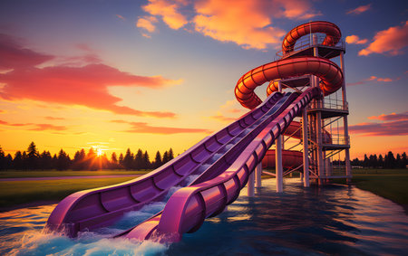 Beautiful view of a water slide at sunset. 3d renderingの素材