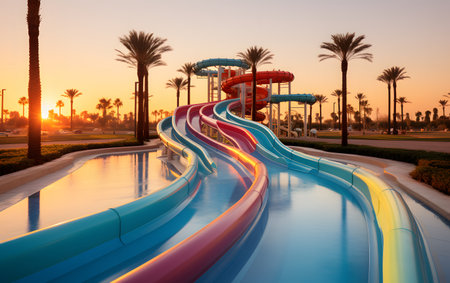 Water park at sunset in Dubai, United Arab Emirates. motion blurの素材