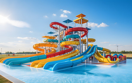 Colorful water slides at a water park in the summer. 3d renderingの素材