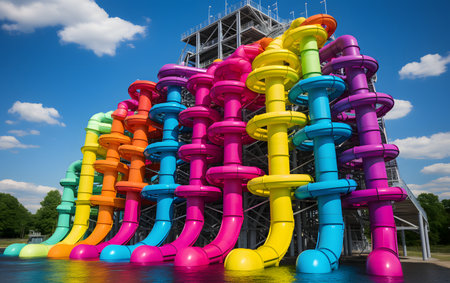 Colorful water slides at a water park in the city park.の素材