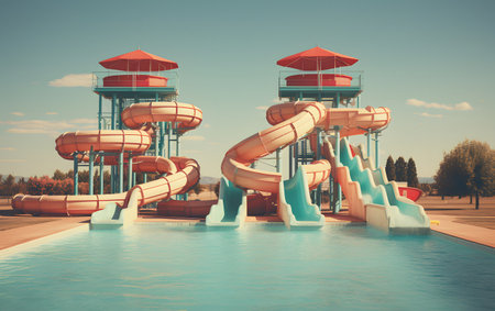 Colorful water slides in a water park. Vintage style toned pictureの素材
