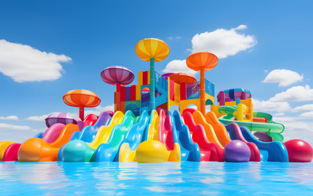 Colorful inflatable slides in the swimming pool. 3d renderingの素材