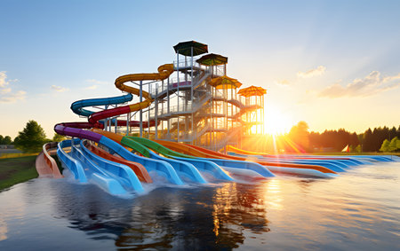 Colorful water slides in a water park at sunset. 3d renderingの素材