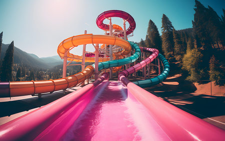 Colorful water slides at a water park in the mountains. Toned.の素材