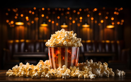 Popcorn in a bowl on a wooden table in a dark roomの素材