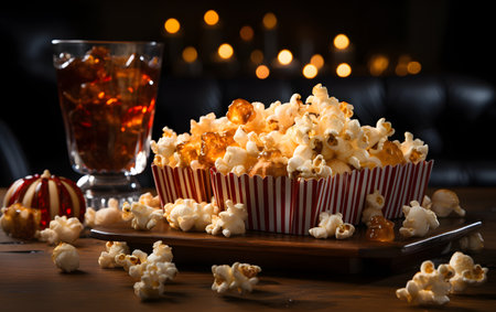 Popcorn with caramel in a cup on a wooden table in front of a fireplaceの素材