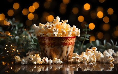Bowl with tasty popcorn on table against blurred lights, closeupの素材