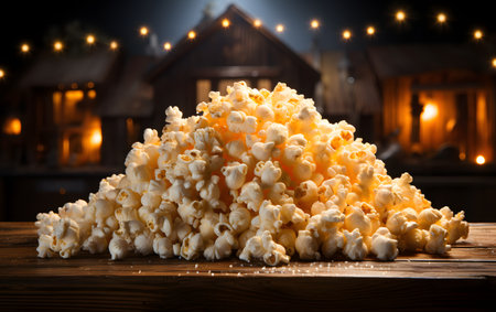 Popcorn in the shape of a house on a wooden table.の素材