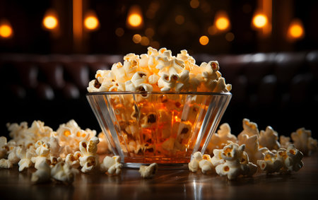 Popcorn in a glass bowl on a wooden table in front of a fireplaceの素材