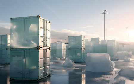 Ice floes in a container on the background of the city.の素材