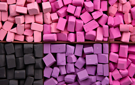 Background of pink and black pieces of chewing gum. Close up.の素材
