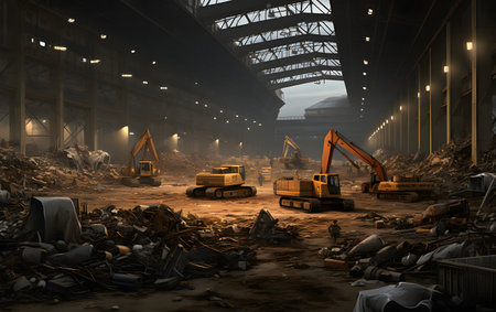 Digitally generated image of industrial site with excavator at nightの素材