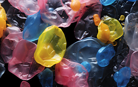 Colorful plastic bags on black background, close-up. Plastic pollution conceptの素材