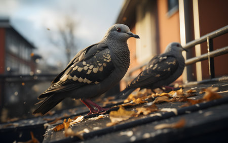 Pigeons on the roof of the house in the autumn.の素材