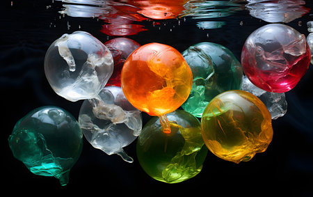 Colorful jelly candies floating in water with reflection on black backgroundの素材