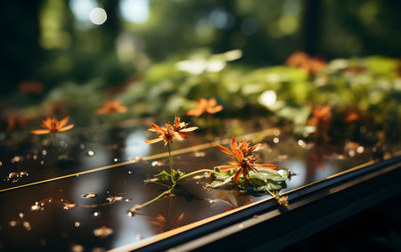 close-up of orange flowers on the glass surface of the windowの素材