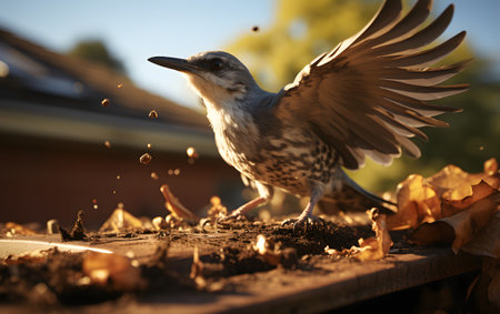 A closeup shot of a bird flying in the air with a blurred backgroundの素材