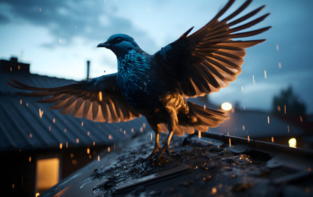 Pigeon on the roof of the house in the rain.の素材