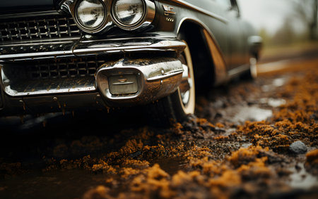 Closeup of old classic american car. Retro car in mud.の素材