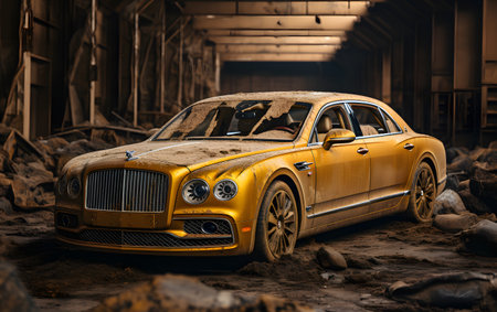 Abandoned yellow car in the abandoned factory. 3d rendering.の素材