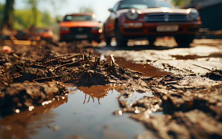 Cars driving through mud puddles after a rain storm.の素材