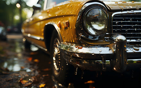Vintage car in a puddle on a rainy autumn day.の素材